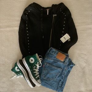 Free People Black Knit Zip Up